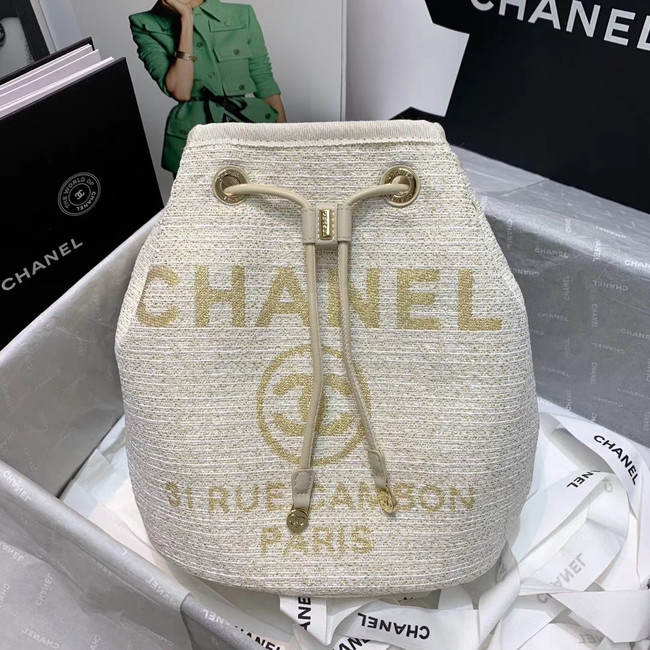 CHANEL Tweed Calfskin drawstring bag & Gold-Tone Metal 60588 white
