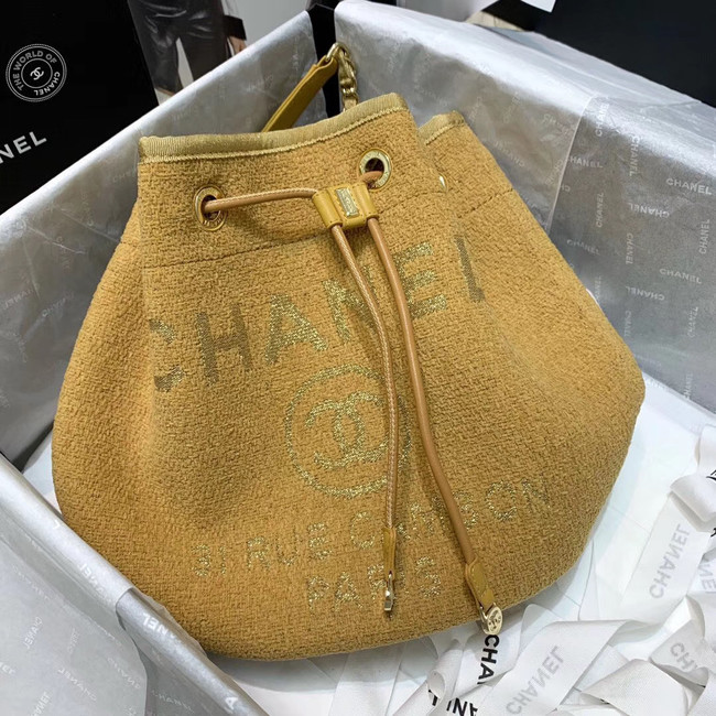 CHANEL Tweed Calfskin drawstring bag & Gold-Tone Metal 60588 yellow