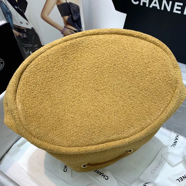 CHANEL Tweed Calfskin drawstring bag & Gold-Tone Metal 60588 yellow