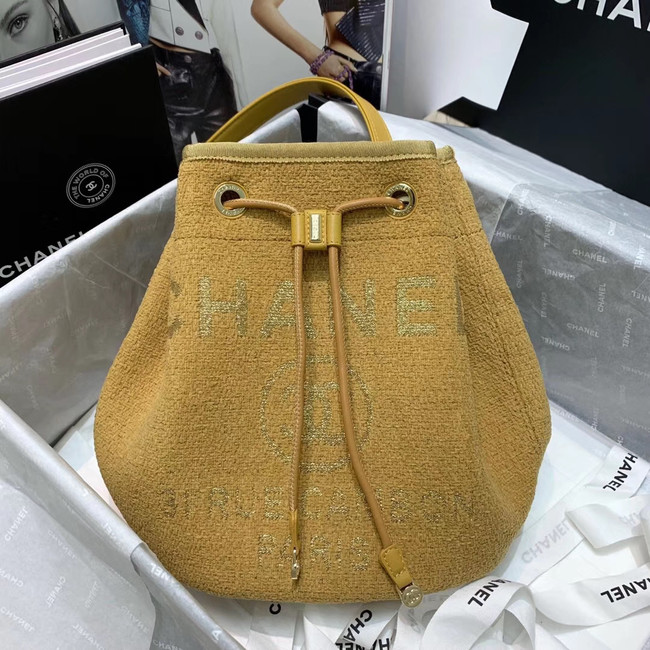 CHANEL Tweed Calfskin drawstring bag & Gold-Tone Metal 60588 yellow