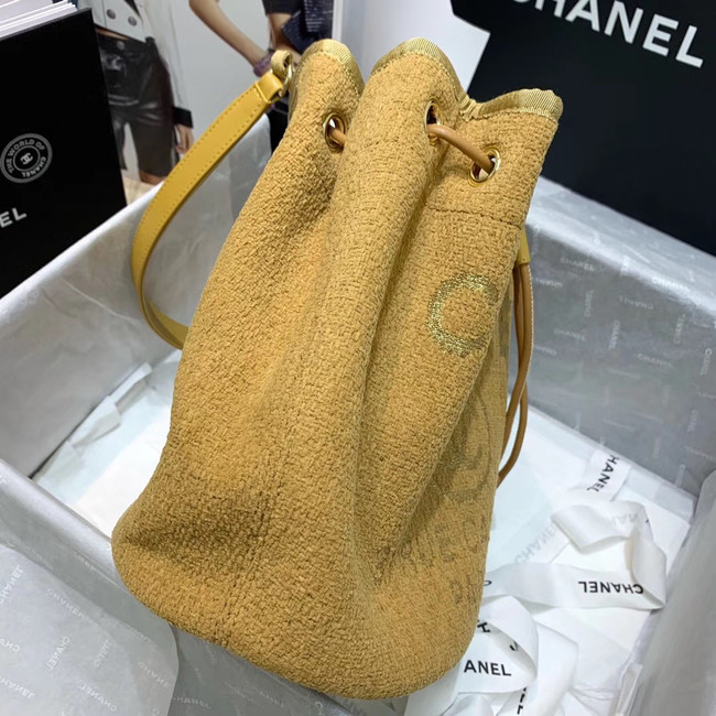 CHANEL Tweed Calfskin drawstring bag & Gold-Tone Metal 60588 yellow