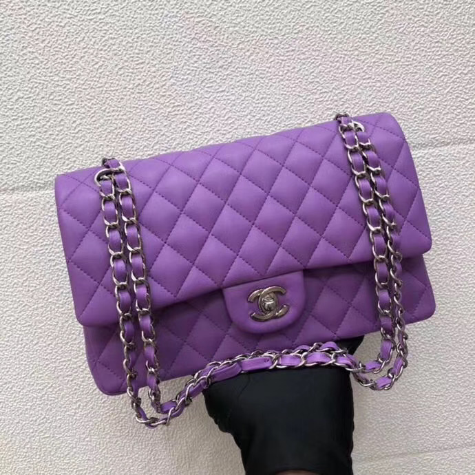 CHANEL Classic Handbag Lambskin purple 1112 & Silver-Tone Metal