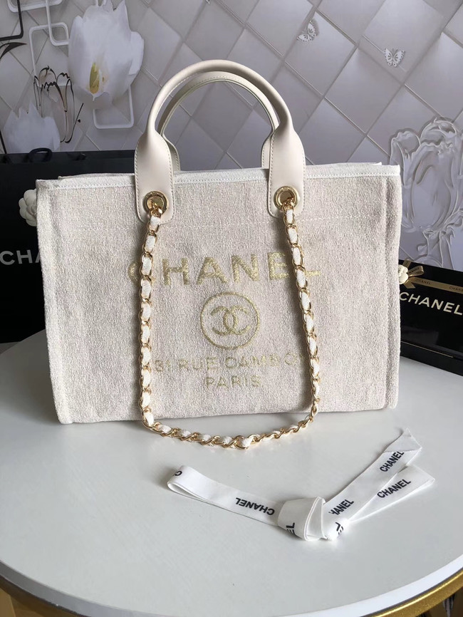 Chanel Canvas Shoulder Shopping Bag 66941 white