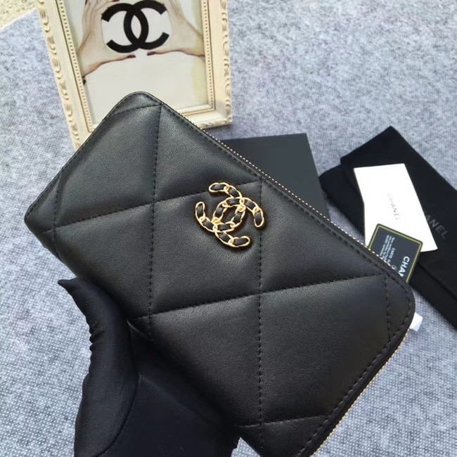 CHANEL 19 sheepskin & Gold-Tone Metal Wallet AP1063 black