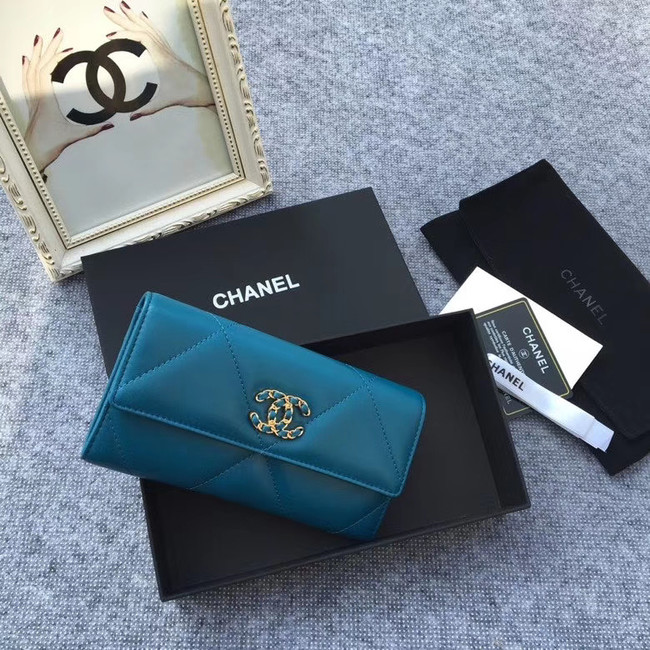 Chanel sheepskin & Gold-Tone Metal Wallet AP0955 blue