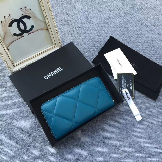 CHANEL 19 sheepskin & Gold-Tone Metal Wallet AP1063 blue