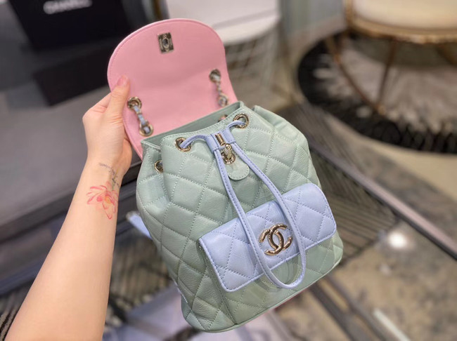 Chanel backpack Grained Calfskin & Gold-Tone Metal AS1371 blue&pink&green