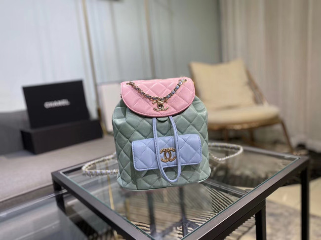 Chanel backpack Grained Calfskin & Gold-Tone Metal AS1371 blue&pink&green