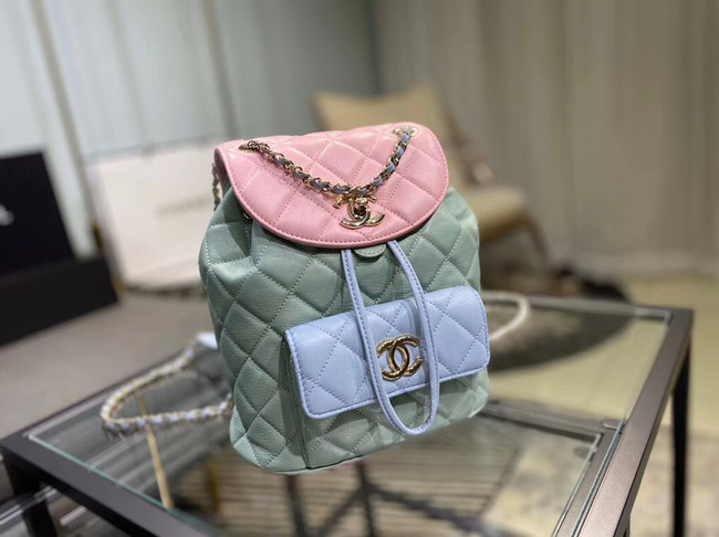 Chanel backpack Grained Calfskin & Gold-Tone Metal AS1371 blue&pink&green