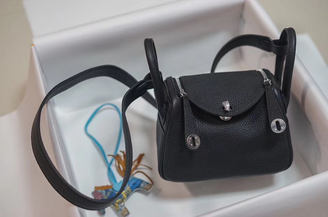 Hermes mini Lindy Togo Leather Bag LD19 black&Silver-Tone Metal