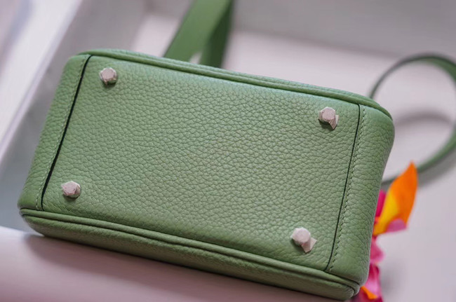 Hermes mini Lindy Togo Leather Bag LD19 green&Silver-Tone Metal