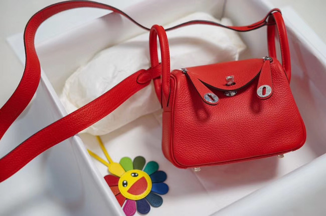 Hermes mini Lindy Togo Leather Bag LD19 red&Silver-Tone Metal