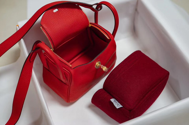Hermes mini Lindy Togo Leather Bag LD19 red&gold-Tone Metal