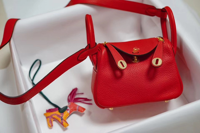 Hermes mini Lindy Togo Leather Bag LD19 red&gold-Tone Metal