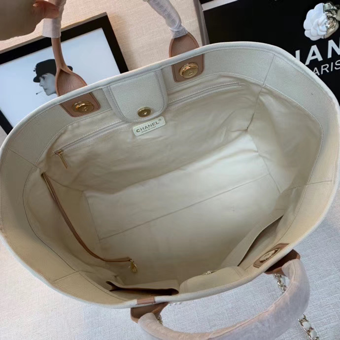 Chanel Canvas Tote Shopping Bag A66941 Cream