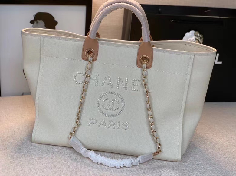 Chanel Canvas Tote Shopping Bag A66941 Cream