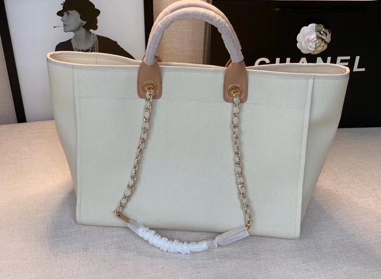 Chanel Canvas Tote Shopping Bag A66941 Cream