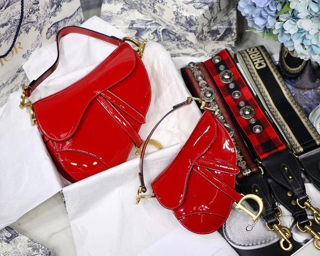 Dior MINI SADDLE BAG IN red patent calfskin M0447