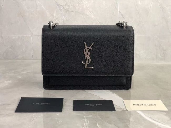 Yves Saint Laurent Calfskin Leather Shoulder Bag Y542206B black&silver-Tone Metal