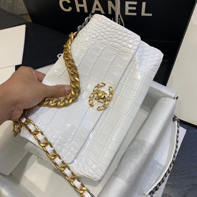 CHANEL 19 Flap Bag Crocodile Leather AS1160 white