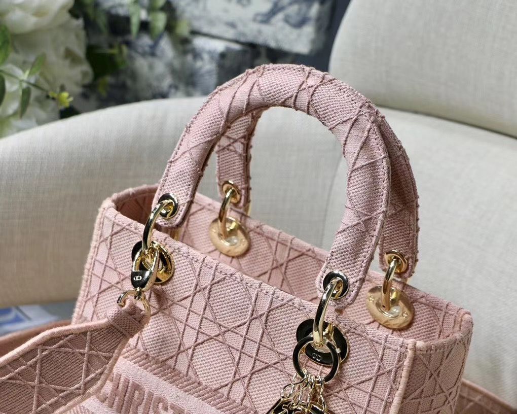LADY DIOR TOTE BAG IN EMBROIDERED CANVAS C4532 pink Gold Hardware