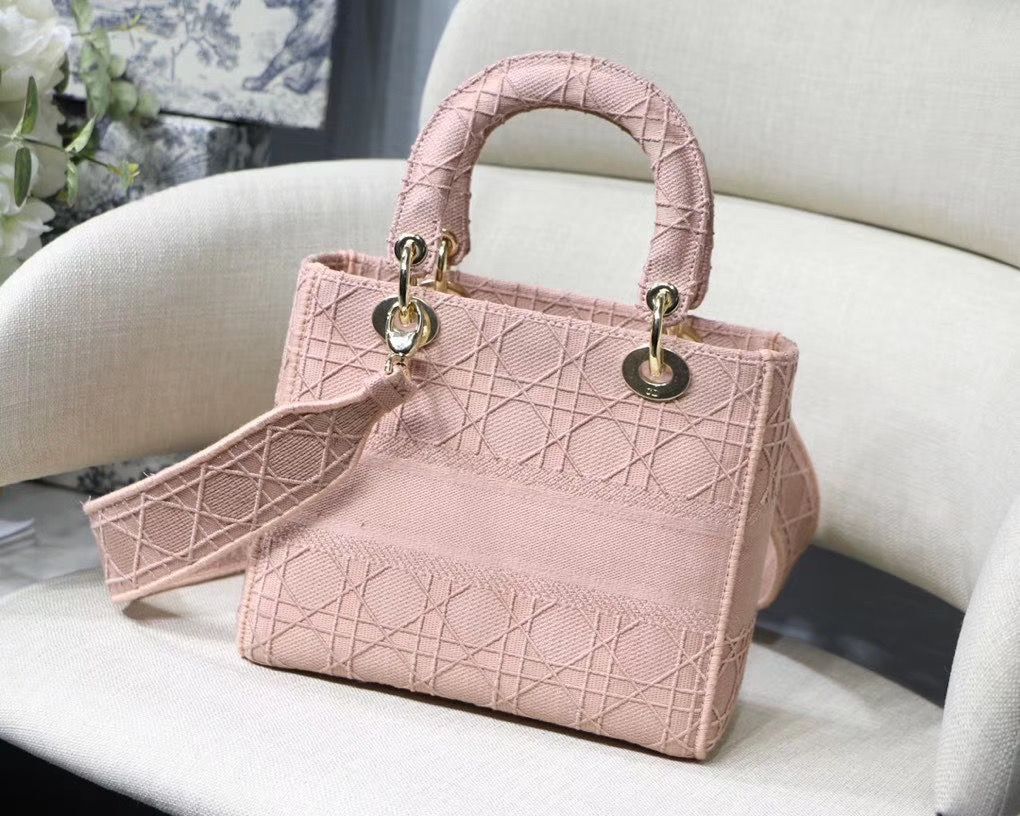 LADY DIOR TOTE BAG IN EMBROIDERED CANVAS C4532 pink Gold Hardware