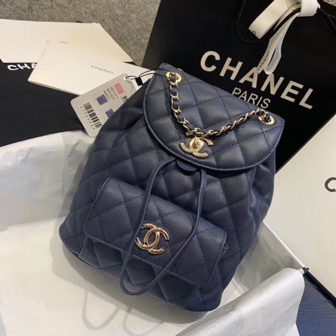 Chanel backpack Grained Calfskin & Gold-Tone Metal AS1371 Navy