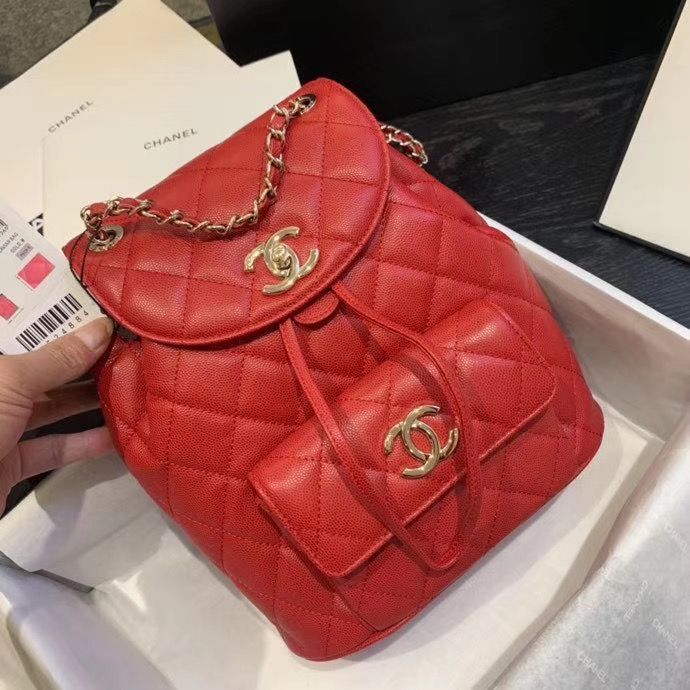 Chanel backpack Grained Calfskin & Gold-Tone Metal AS1371 Red