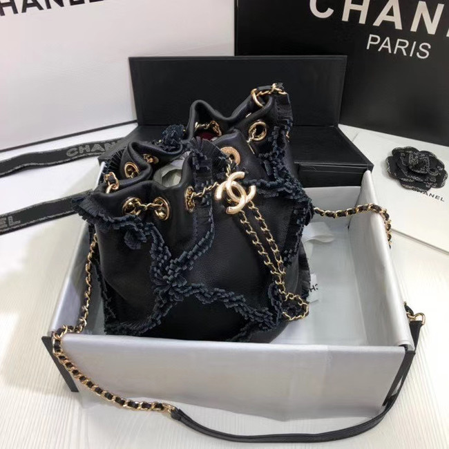 CHANEL Calfskin small drawstring bag & gold-Tone Metal AS1613 black