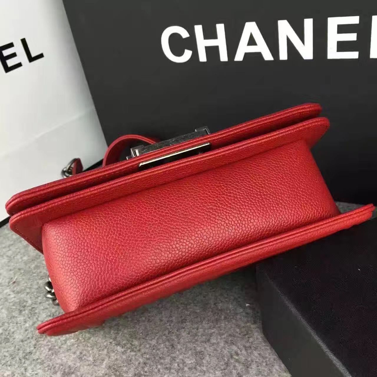 Chanel Le Boy Flap Shoulder Bag Original Cavier Leather A67085 Red Silver Buckle