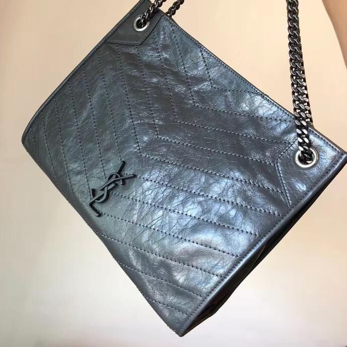 SAINT LAURENT NIKI MEDIUM SHOPPING BAG IN CRINKLED VINTAGE LEATHER 5814 Dark Gray