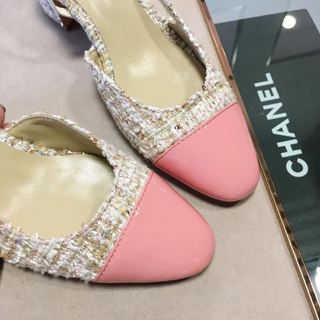 Chanel tweed slingbacks 55mm heel G31318 beige&pink