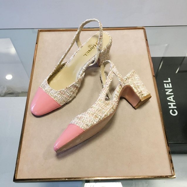 Chanel tweed slingbacks 55mm heel G31318 beige&pink