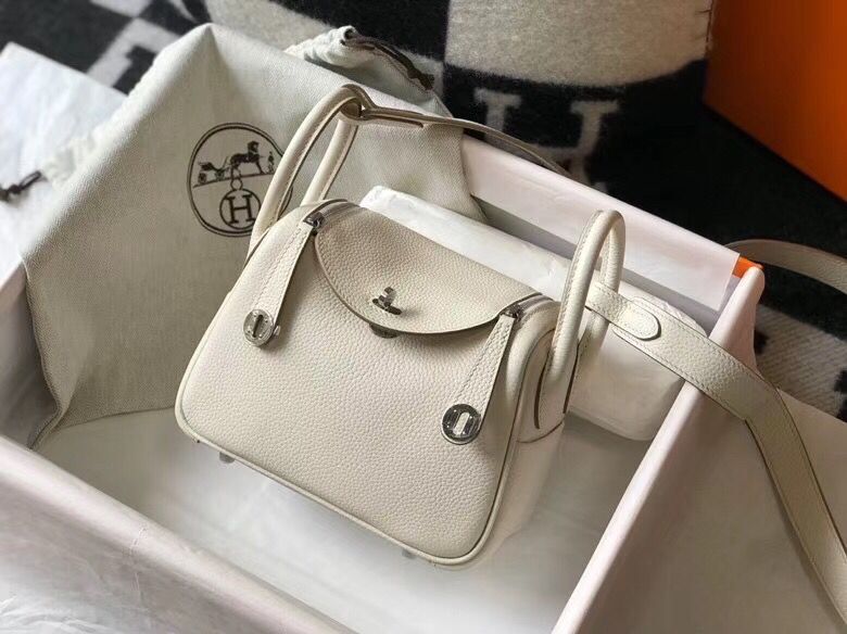 Hermes mini Lindy Original Togo Leather Bag LD19 White&Silver-Tone Metal