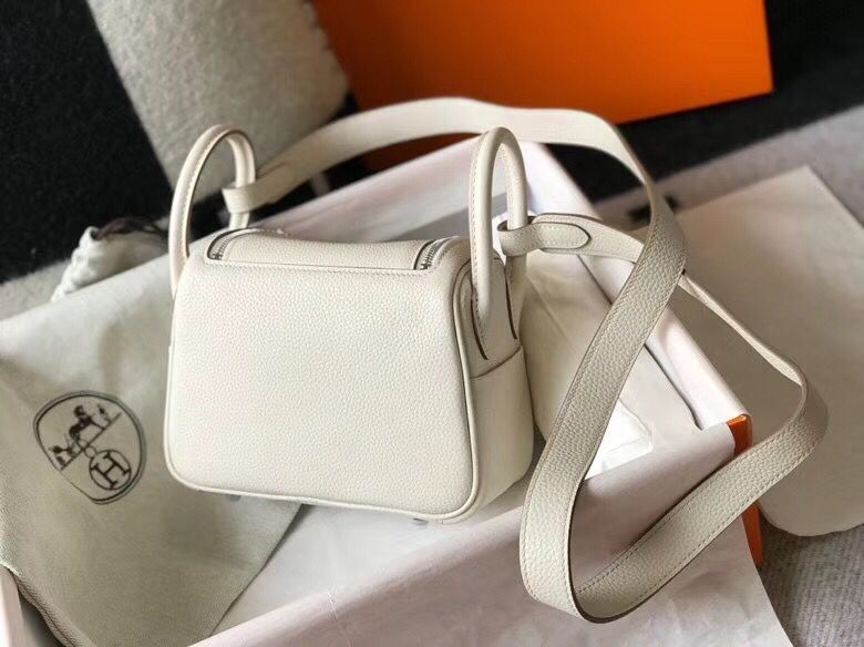 Hermes mini Lindy Original Togo Leather Bag LD19 White&Silver-Tone Metal