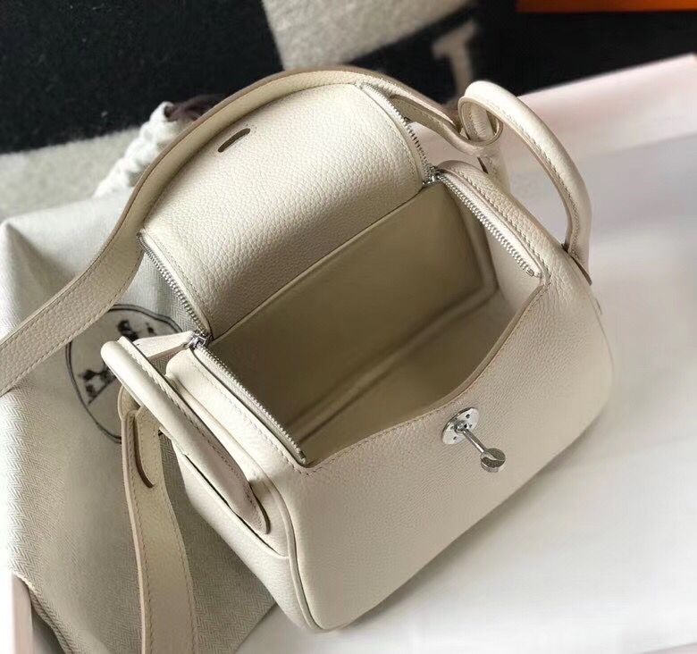 Hermes mini Lindy Original Togo Leather Bag LD19 White&Silver-Tone Metal