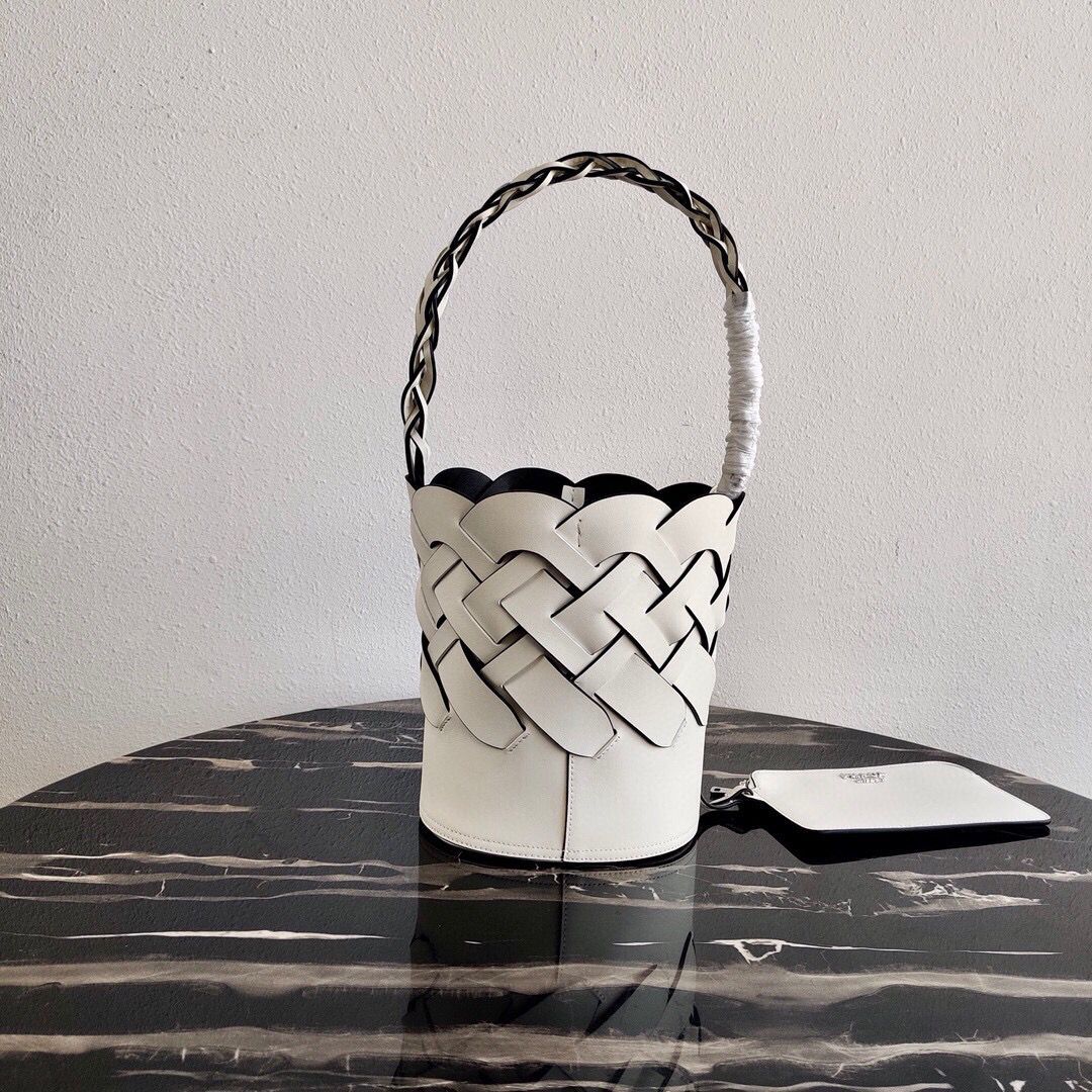 Prada Original Leather Woven Pattern Bucket Bag 1BG049 White