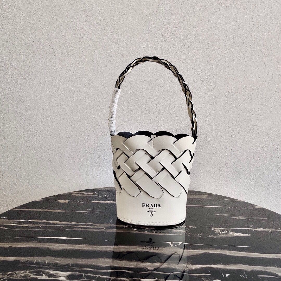 Prada Original Leather Woven Pattern Bucket Bag 1BG049 White