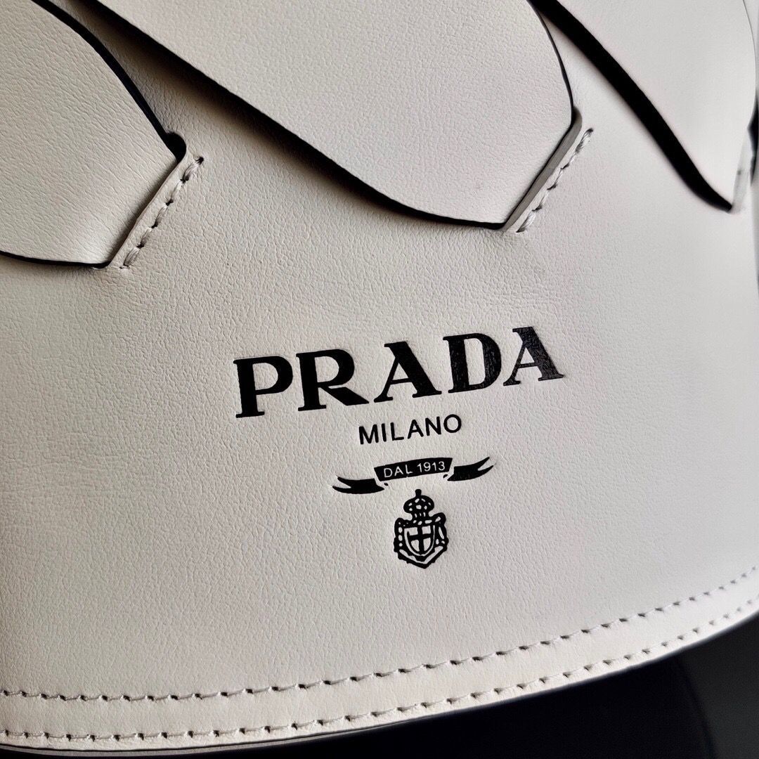 Prada Original Leather Woven Pattern Bucket Bag 1BG049 White
