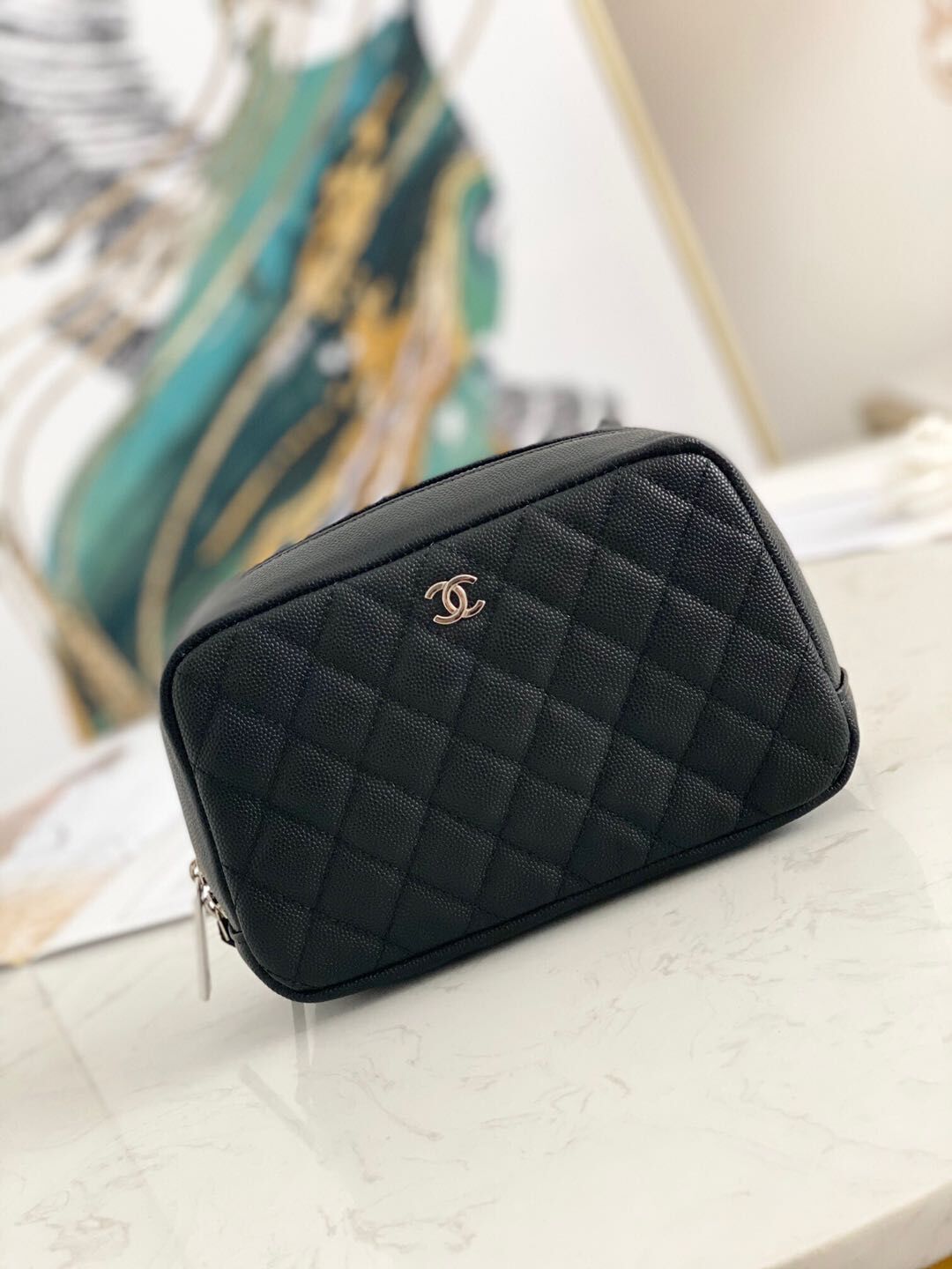 Chanel Caviar Quilted Curvy Pouch Cosmetic Case 220597 Black