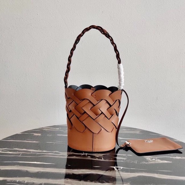 Prada Original Leather Woven Pattern Bucket Bag 1BG049 apricot