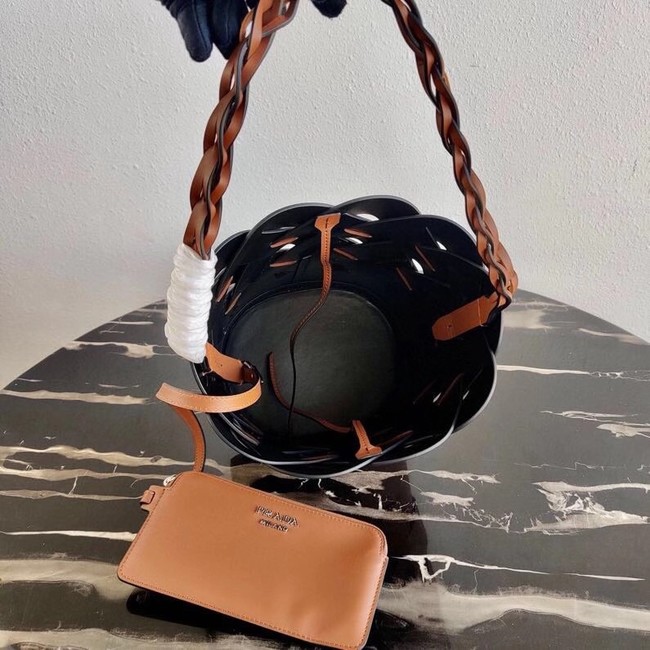 Prada Original Leather Woven Pattern Bucket Bag 1BG049 apricot