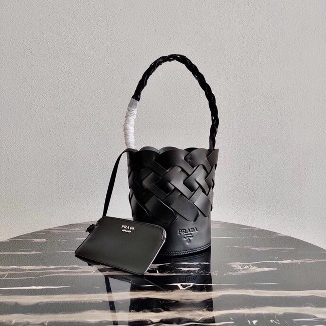 Prada Original Leather Woven Pattern Bucket Bag 1BG049 black