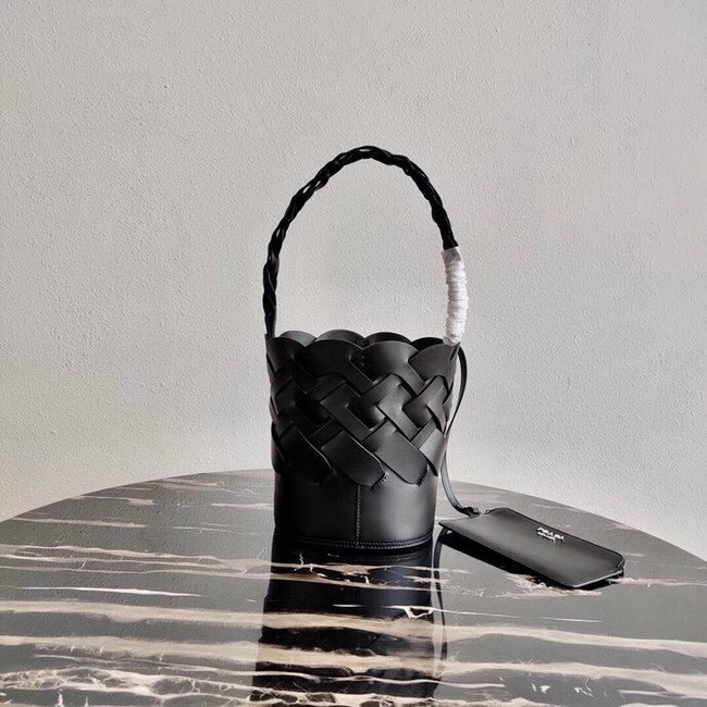 Prada Original Leather Woven Pattern Bucket Bag 1BG049 black