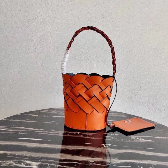 Prada Original Leather Woven Pattern Bucket Bag 1BG049 orange