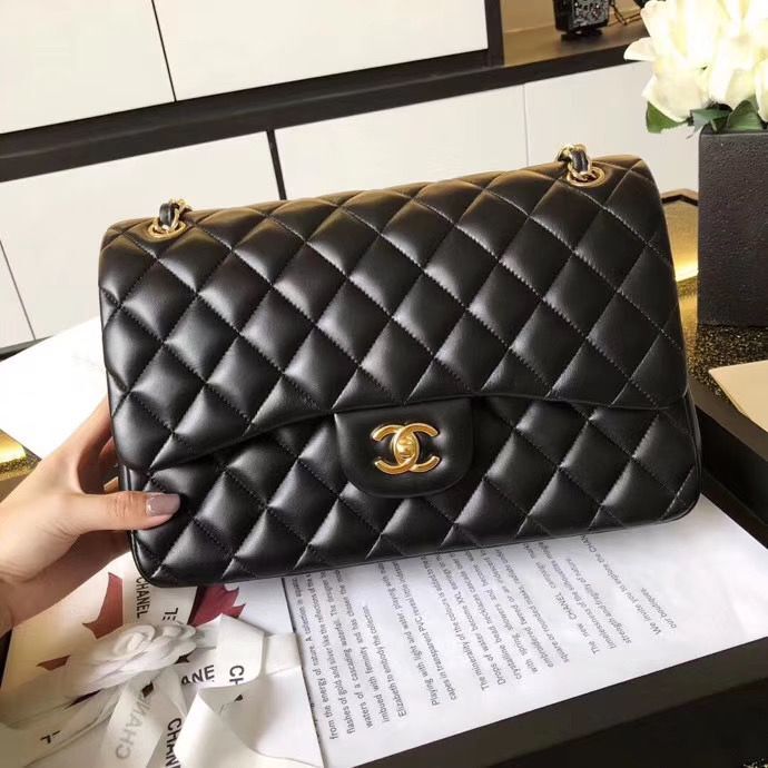 Chanel Jumbo Double Flaps Bags Black Original Sheepskin Leather A36097 Gold