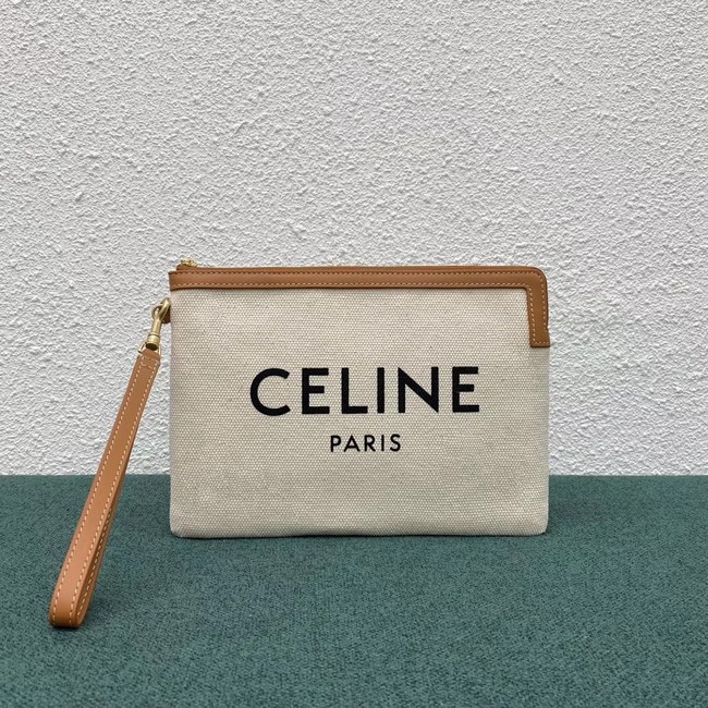 Celine CLUTCHES LARGE POUCH IN COTTON WITH CELINE PRINT AND CALFSKIN 100672 BROWN