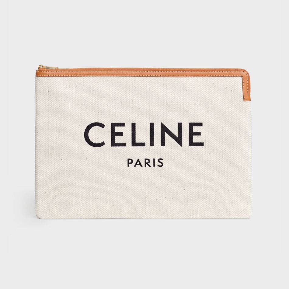 Celine CLUTCHES LARGE POUCH IN COTTON WITH CELINE PRINT AND CALFSKIN 10B802B BROWN