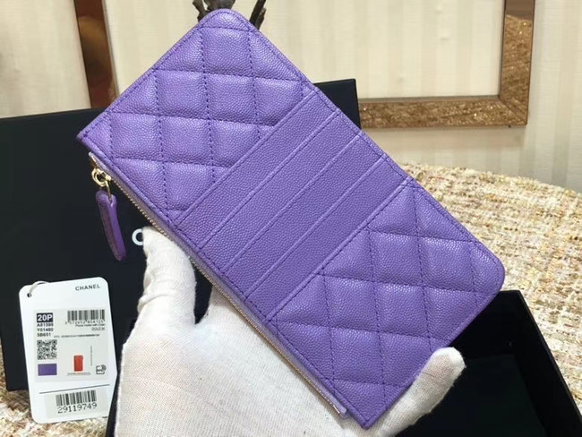 Chanel Calfskin Leather Card packet & Gold-Tone Metal A81598 Lavender