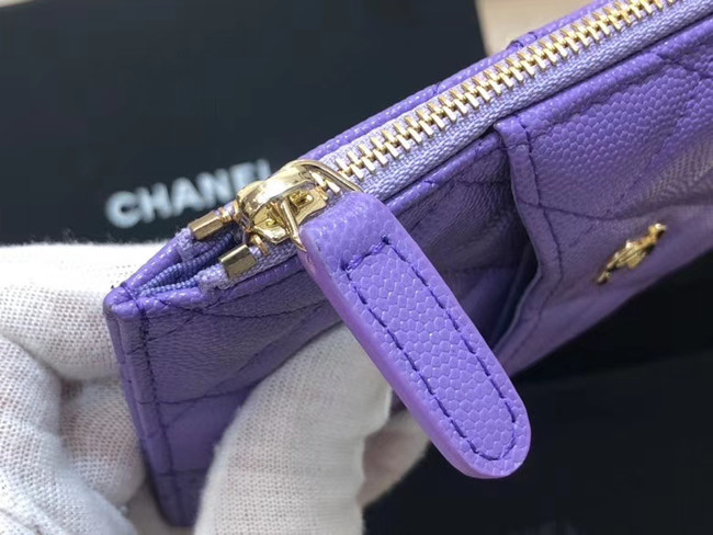 Chanel Calfskin Leather Card packet & Gold-Tone Metal A81598 Lavender